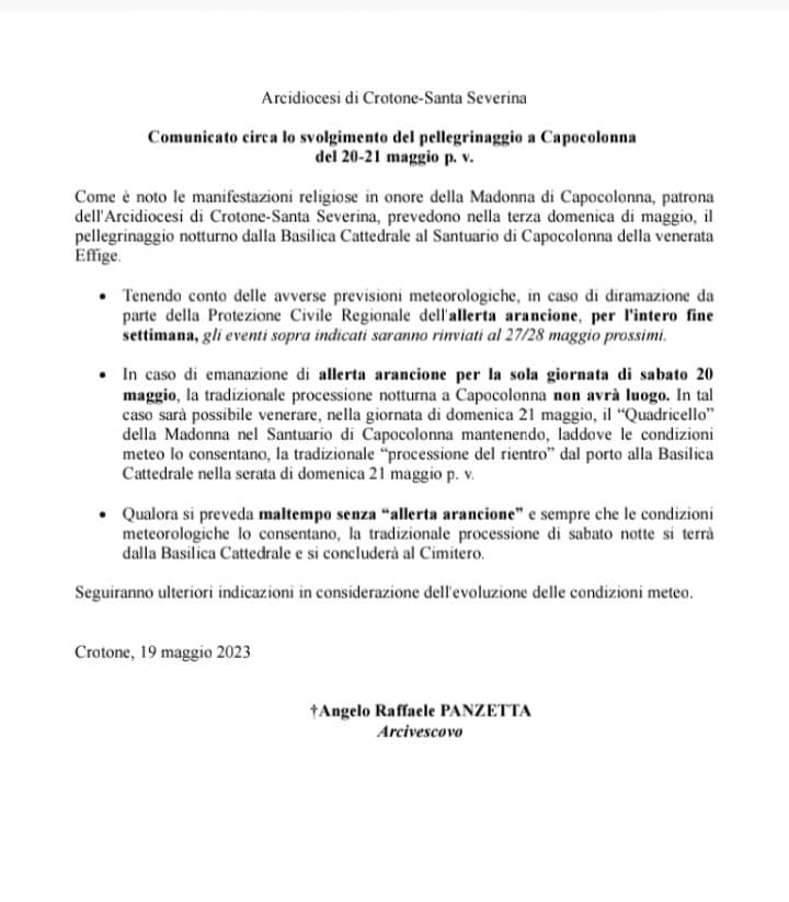 Arcidiocesi di Crotone-Santa Severina Comunicato circa lo svolgimento del pellegrinaggio a Capocolonna del 20-21 maggio