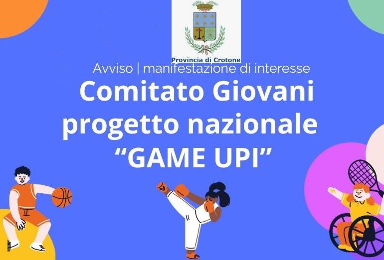 Progetto “Game Upi”: avviso pubblico per la selezione di un giovane di età compresa tra i 19 e i 35 anni che rappresenterà la Provincia di Crotone